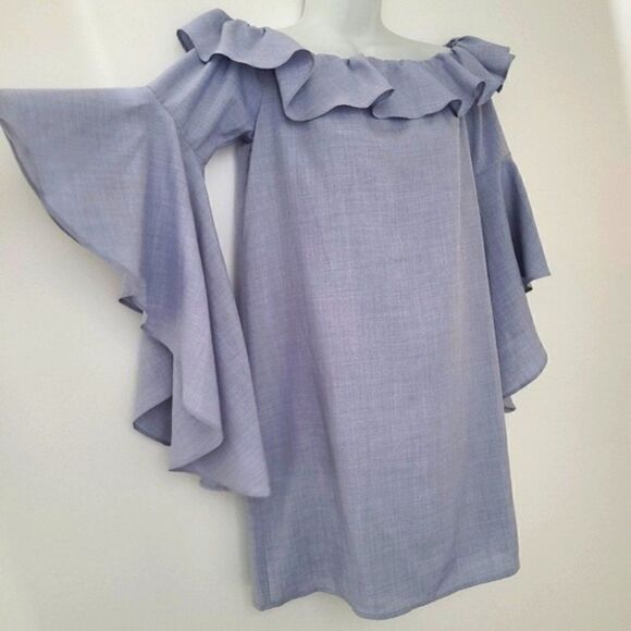 Chambray Grey-Blue Off-Shoulder Ruffle Dress - NWT - M - Picture 4 of 13